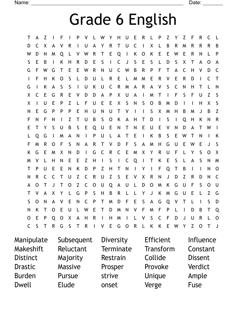English Word Search For Grade 6