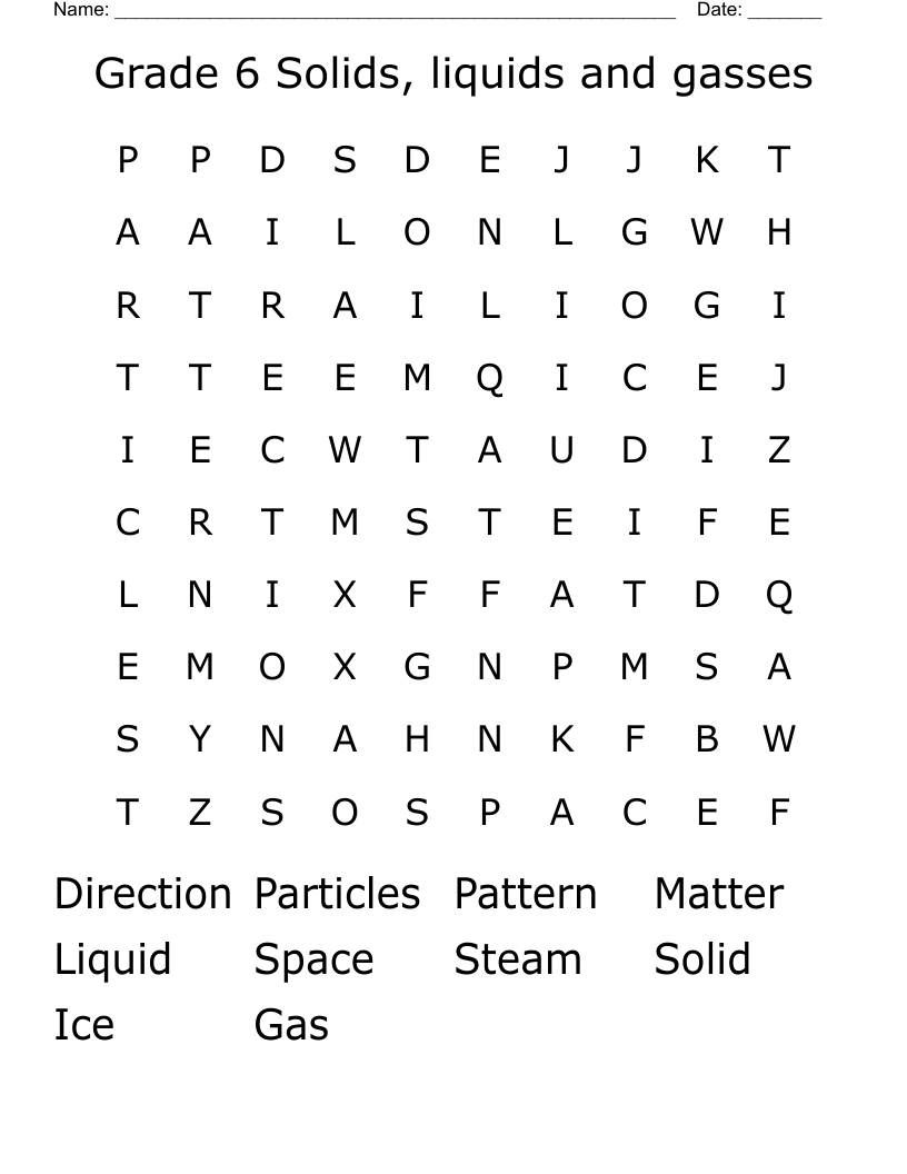 Grade 6 Solids Liquids And Gasses Word Search WordMint