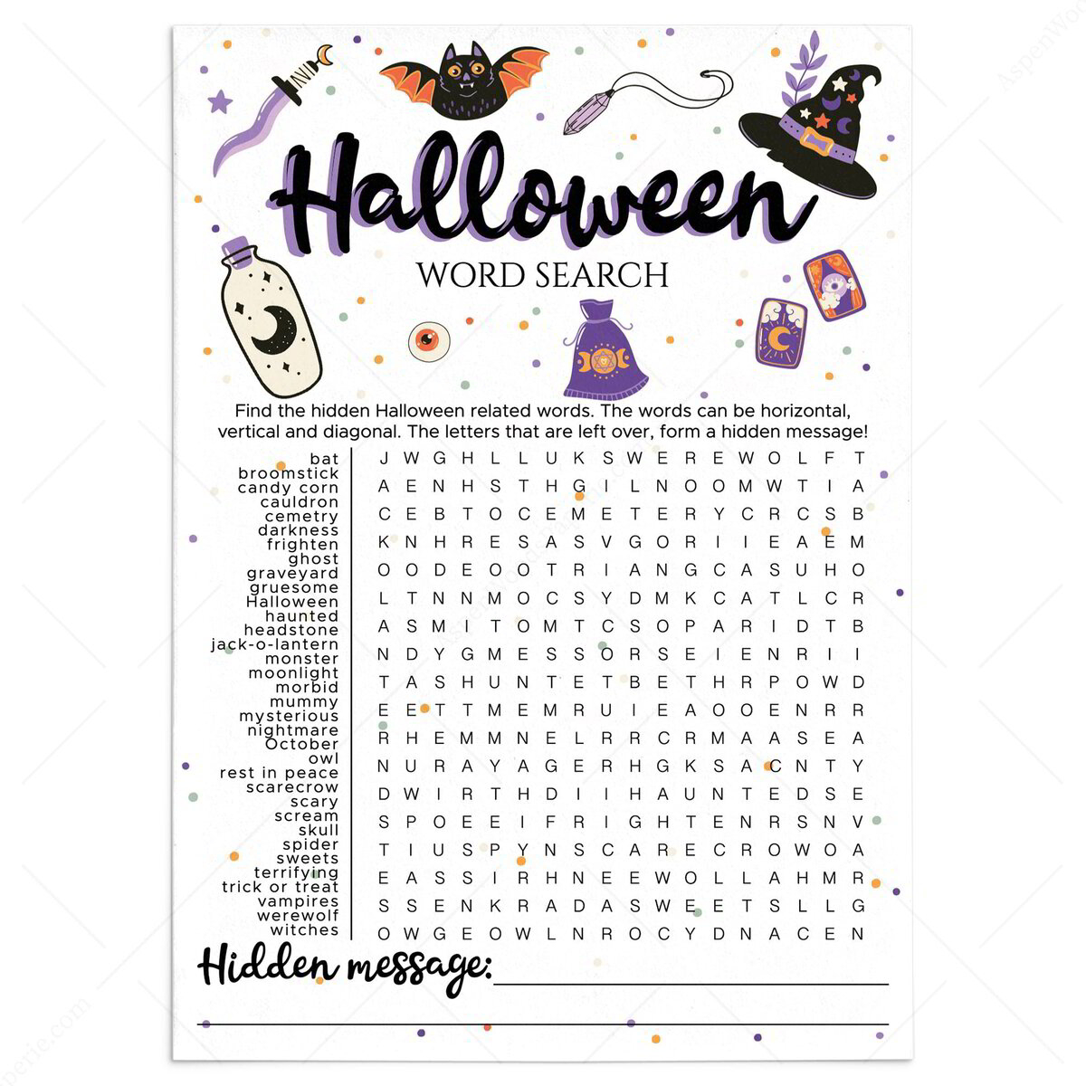 halloween word find game printable with hidden message download now