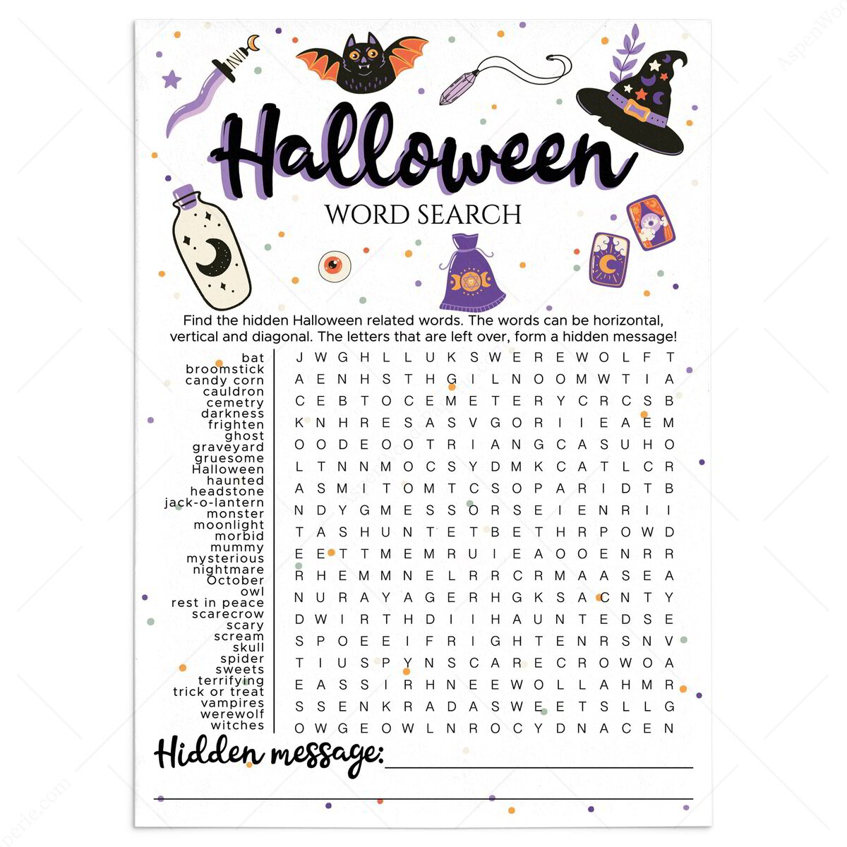 Halloween Word Find Game Printable With Hidden Message Download Now