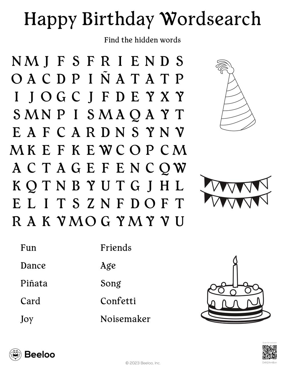 Kids Birthday Word Search Printable