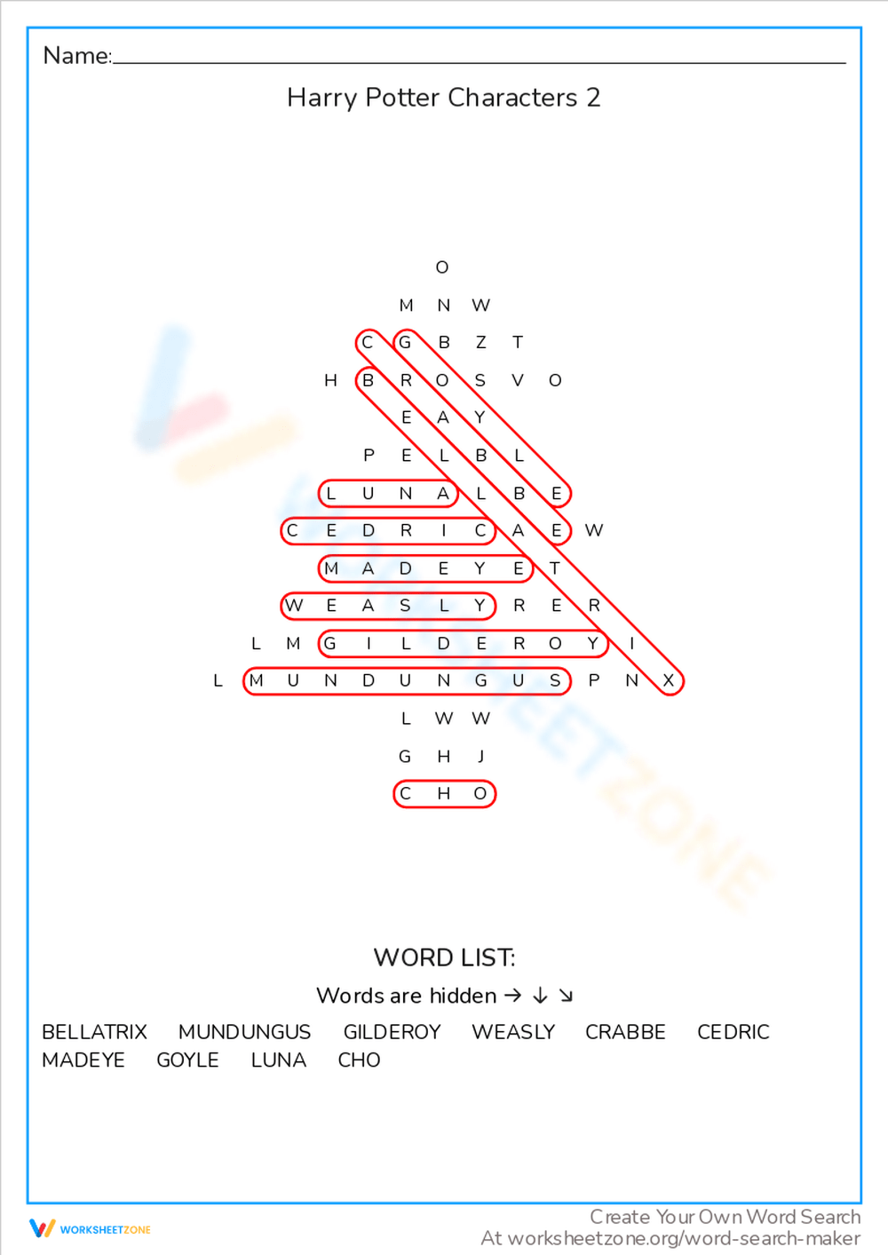 Harry Potter Characters 2 Word Search Worksheet