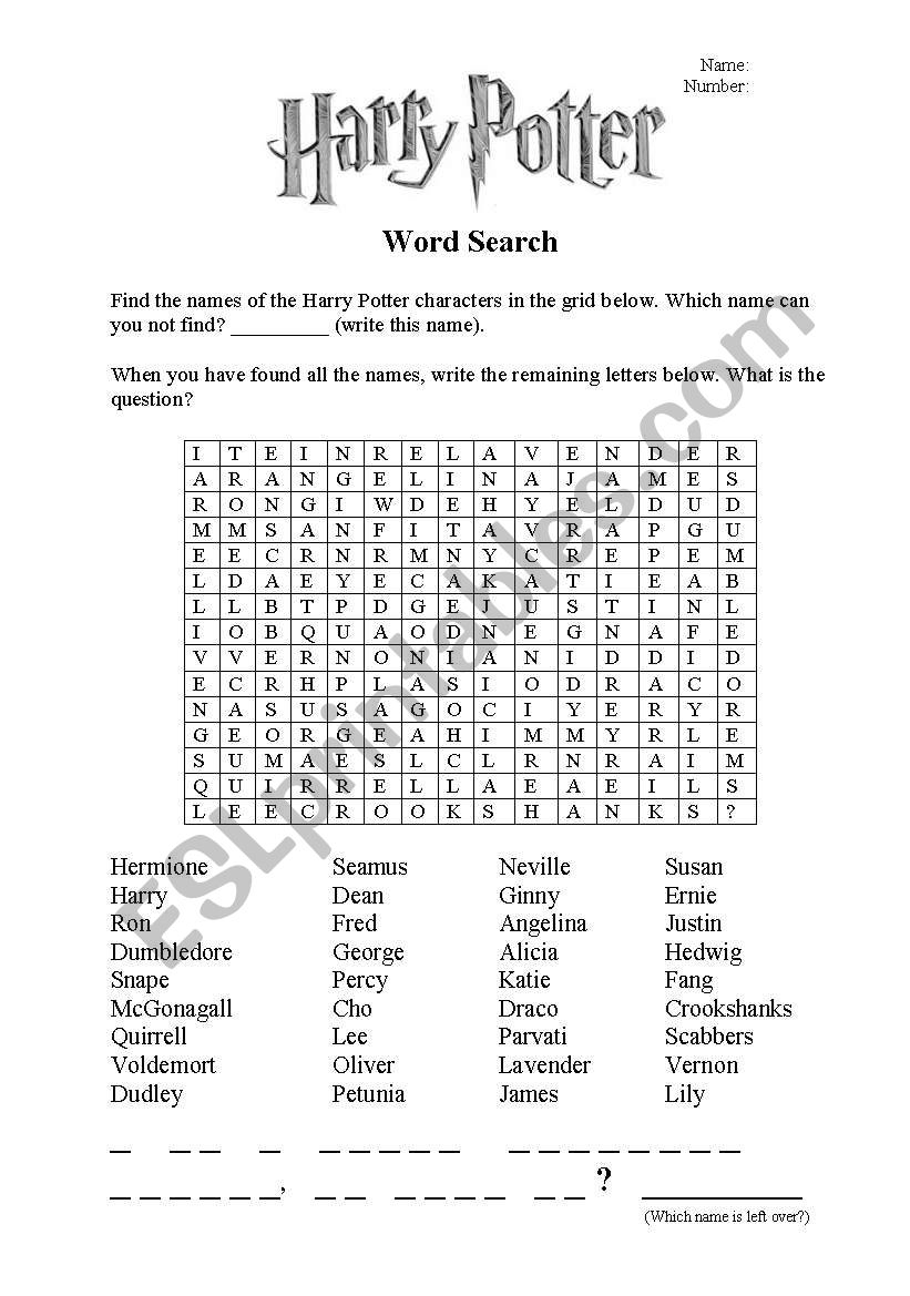 Harry Potter Word Search ESL Worksheet By Srhlsprsh