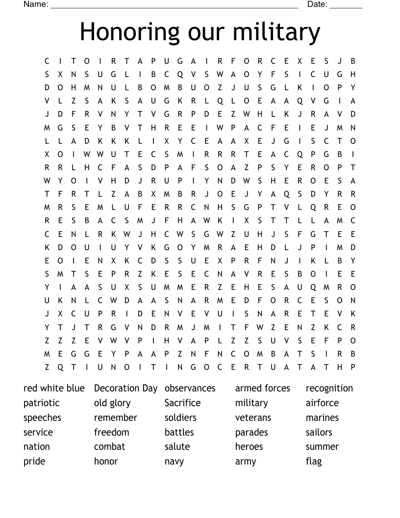 Honoring Our Military Word Search WordMint