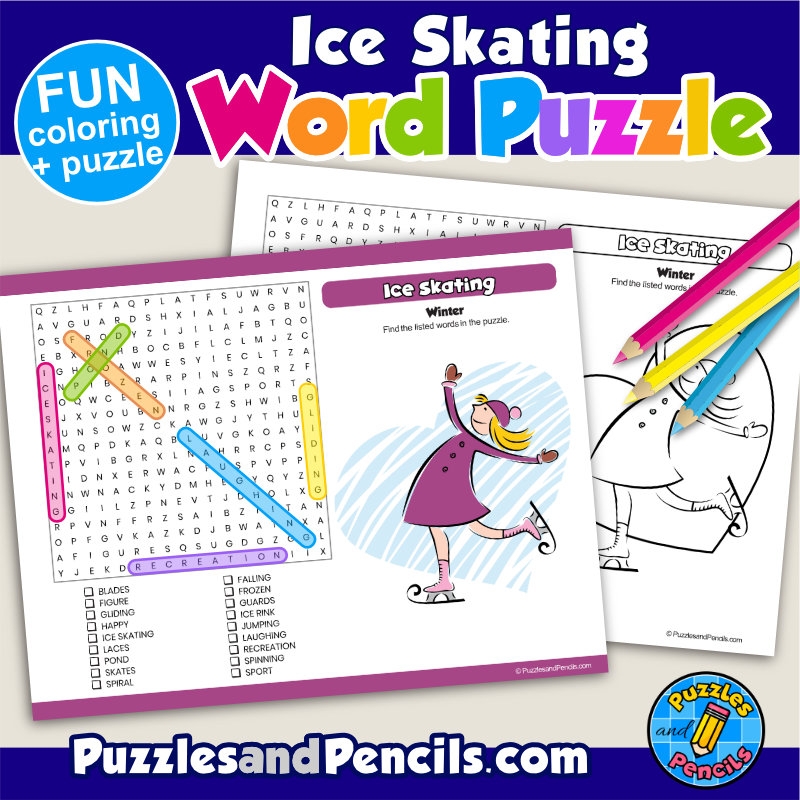 Ice Skating Word Search Puzzle Activity Page With Coloring Winter Wordsearch Made By Teachers