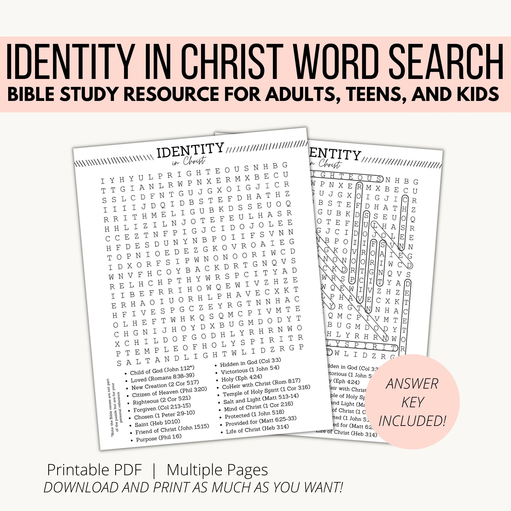 Identity In Christ Word Search Printable Christian Word Search Bible Study Resource For Adults Teens And Kids Family Friendly Game Etsy UK
