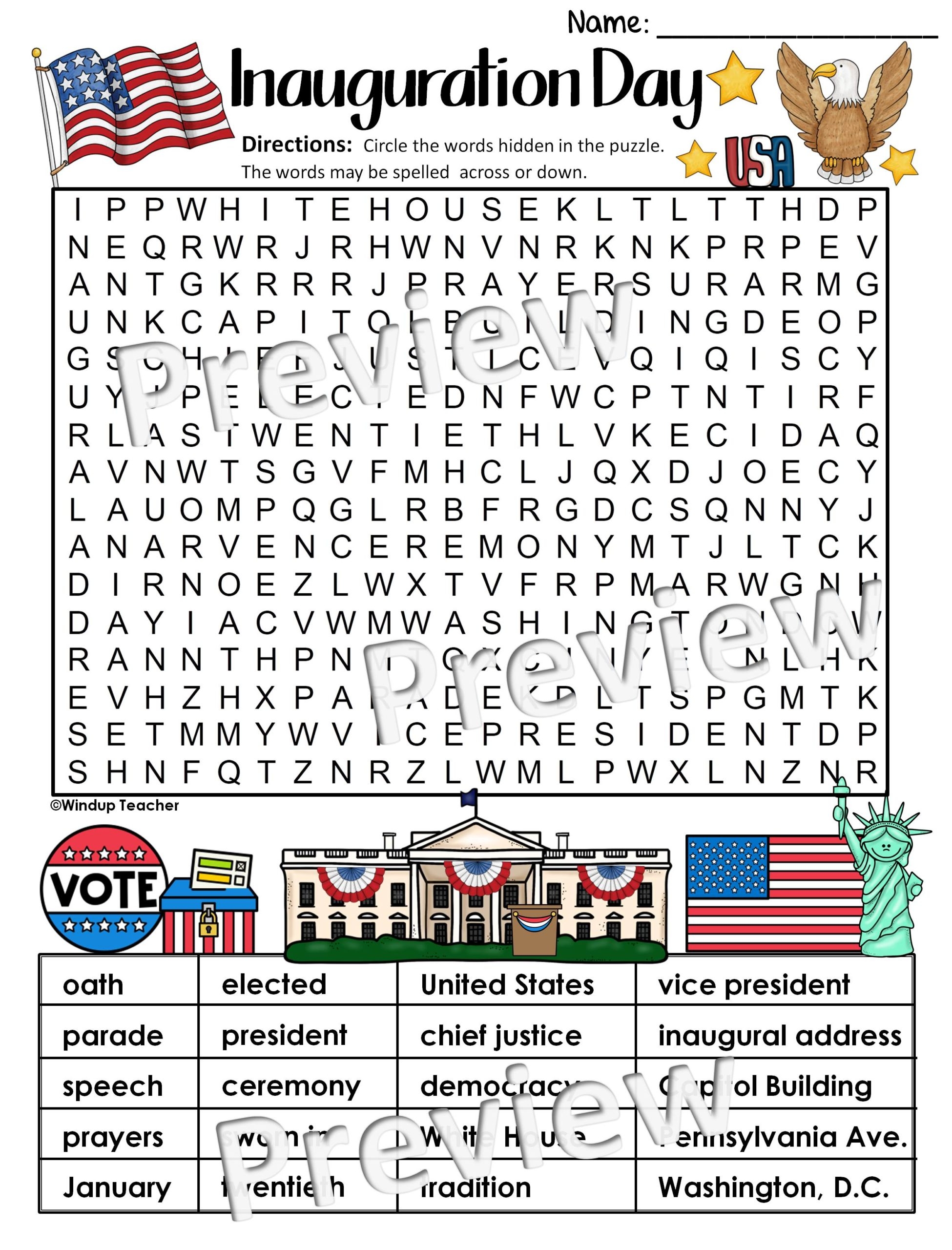 Inauguration Day Word Search EASY Puzzle Ready To Go Made By Teachers
