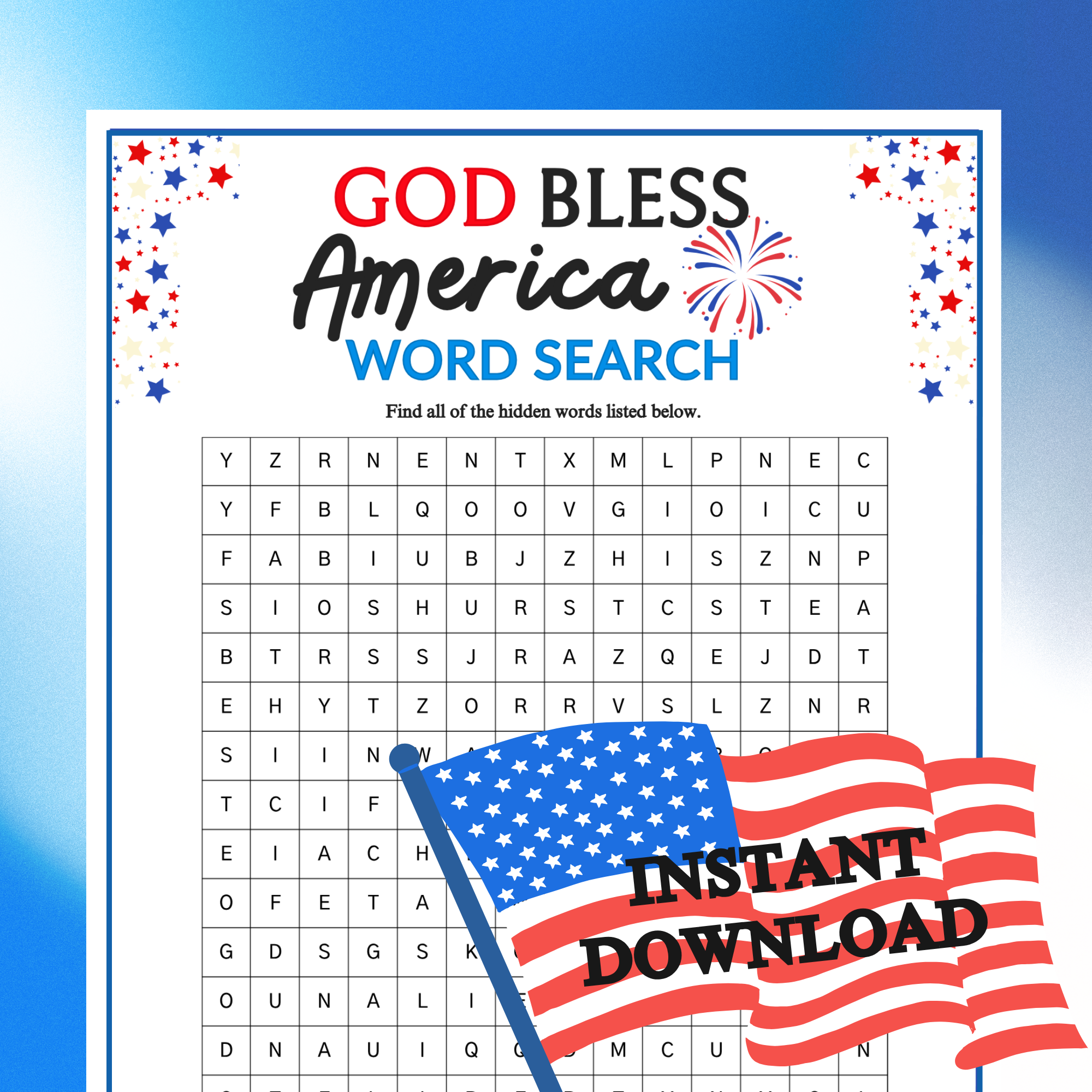 july 4th god bless america word search printable for church kids teens adults sunday school ministry homeschool bible group learning activity classful