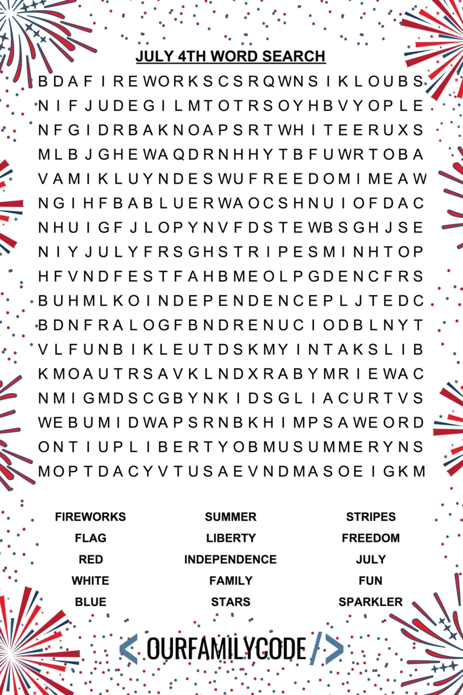 Word Search For Kids 4 Of July