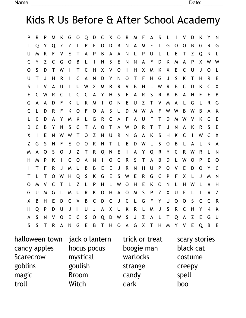 Kids R Us Before After School Academy Word Search WordMint