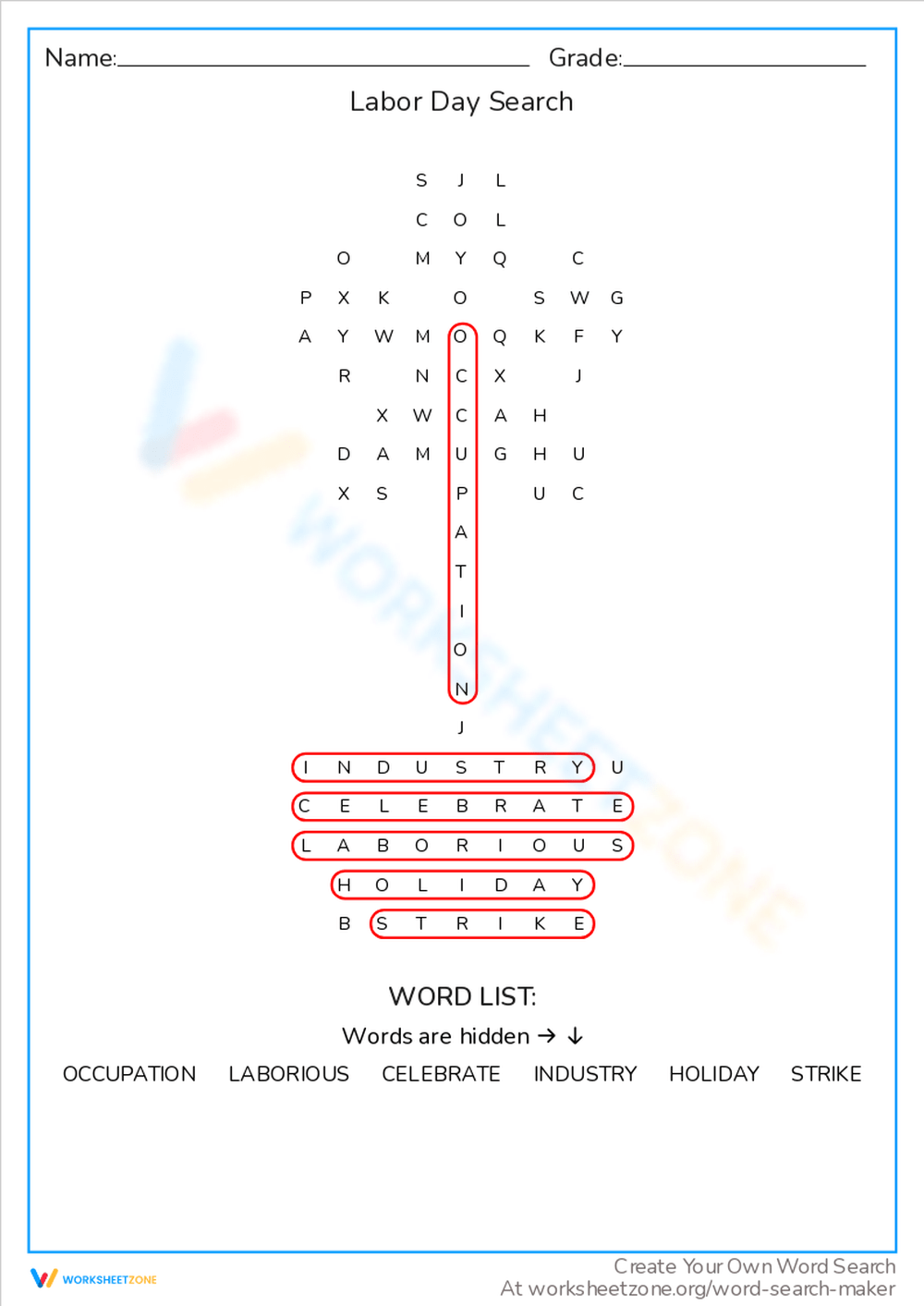 Word Search Labor Day