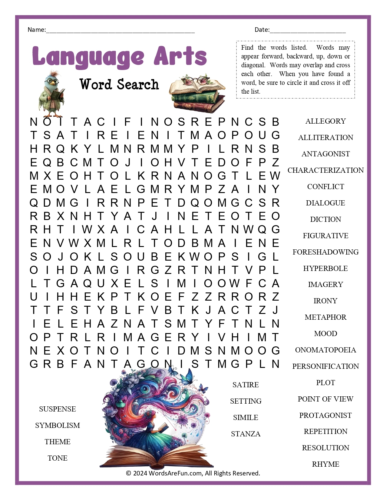 language arts word search printable