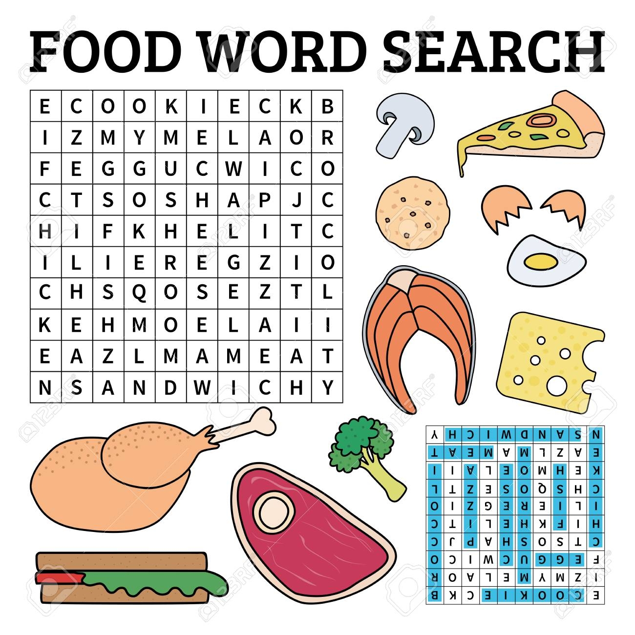 Learn English With A Food Word Search Game For Kids Vector Illustration Royalty Free SVG Cliparts Vectors And Stock Illustration Image 110187944 