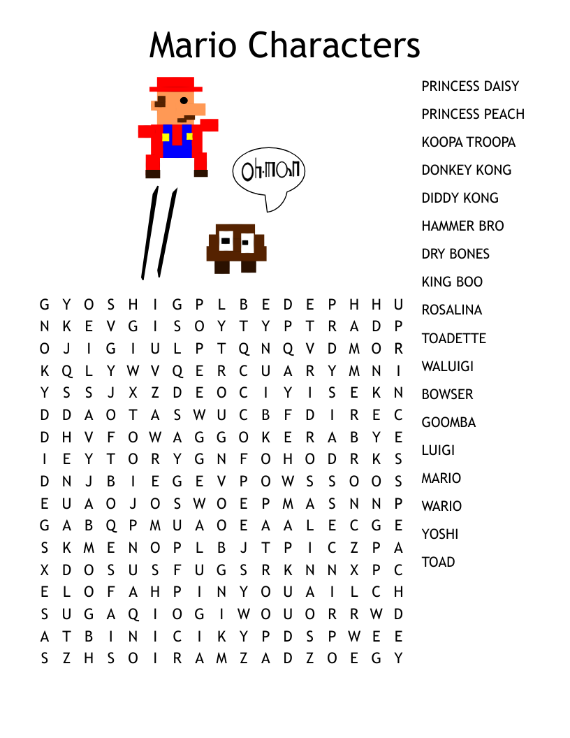 Mario Characters Word Search WordMint