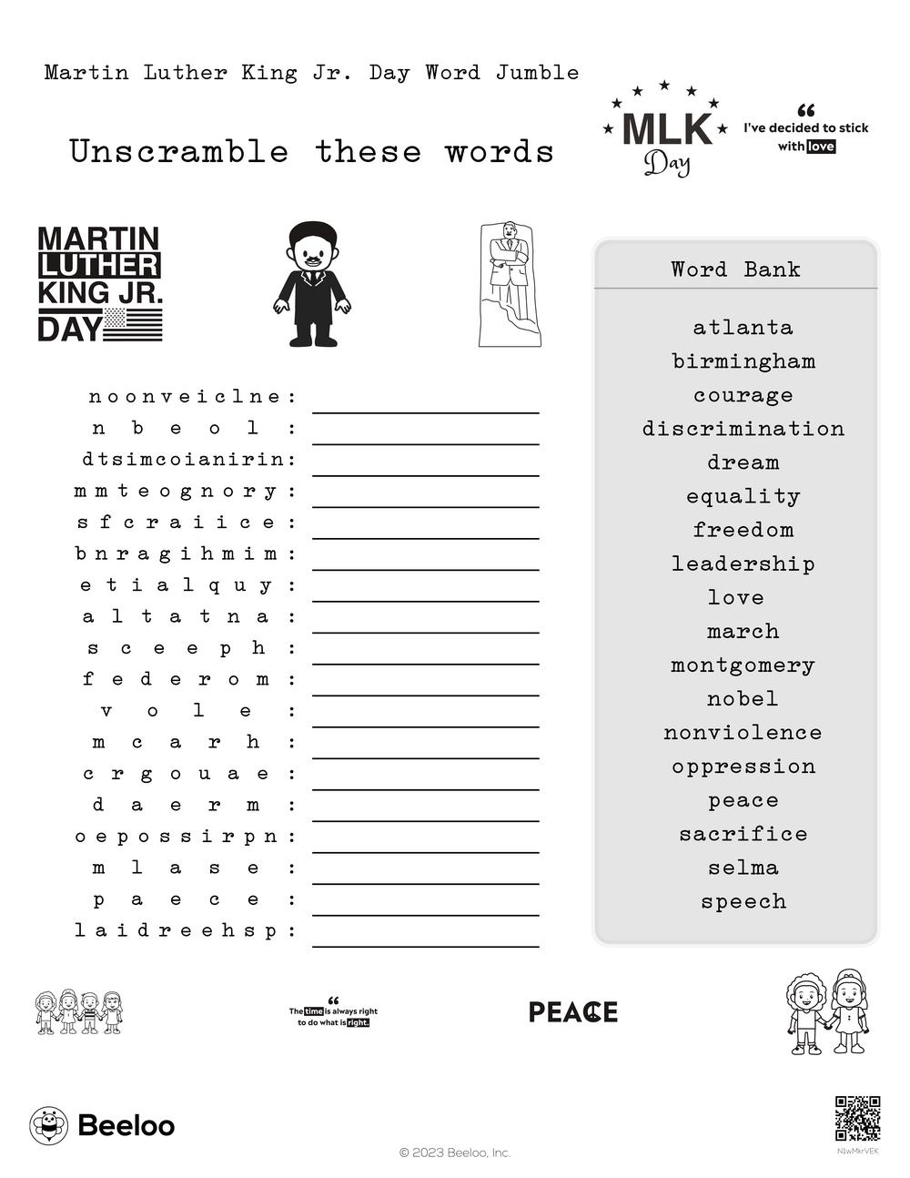 Martin Luther King Jr Day Word Jumble Beeloo Printable Crafts And Activities For Kids