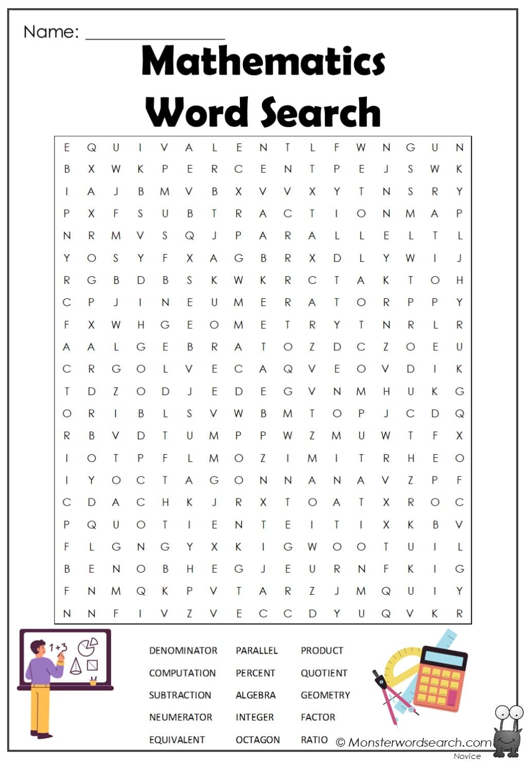 mathematics word search monster word search