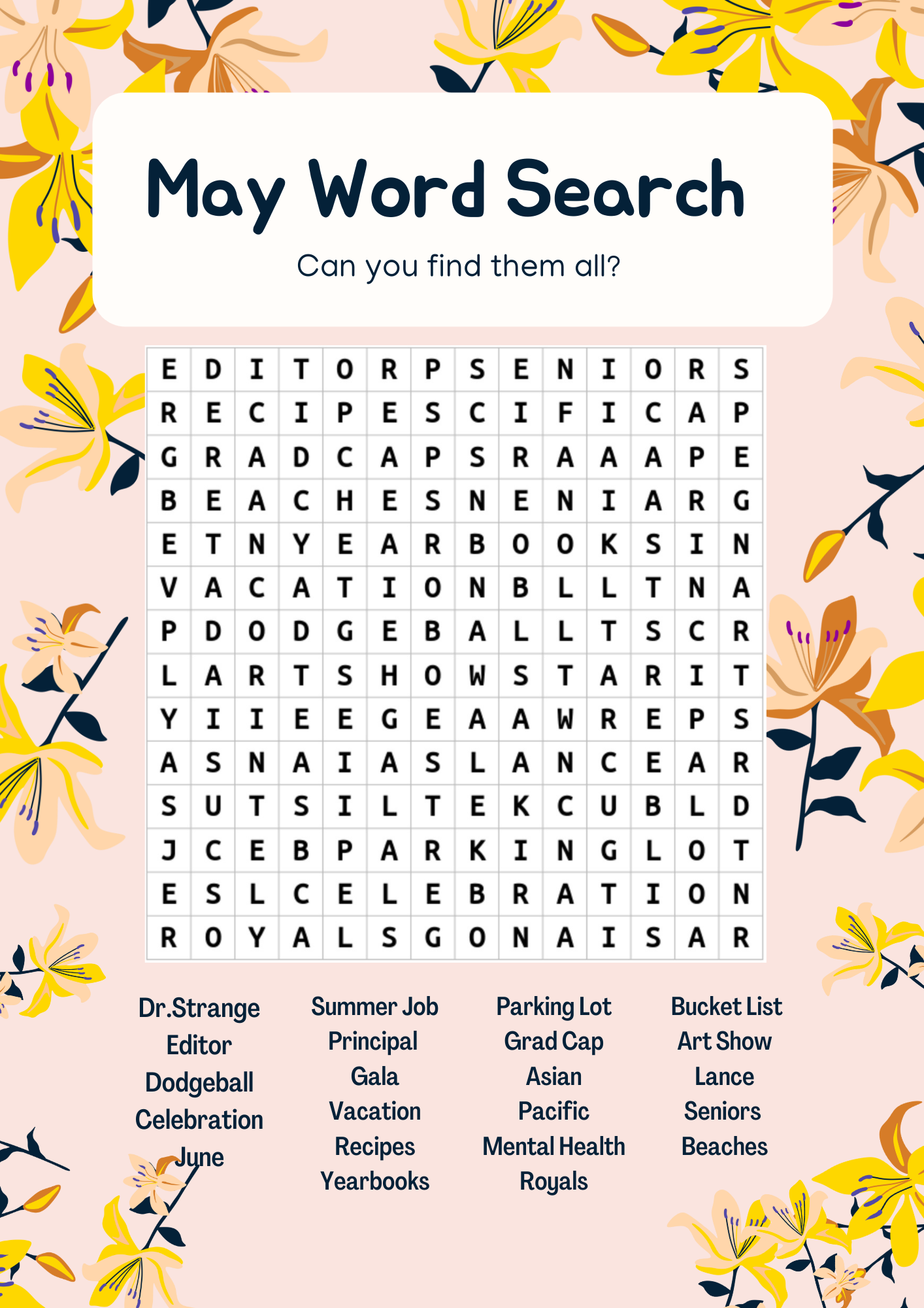 Free Printable May Word Search