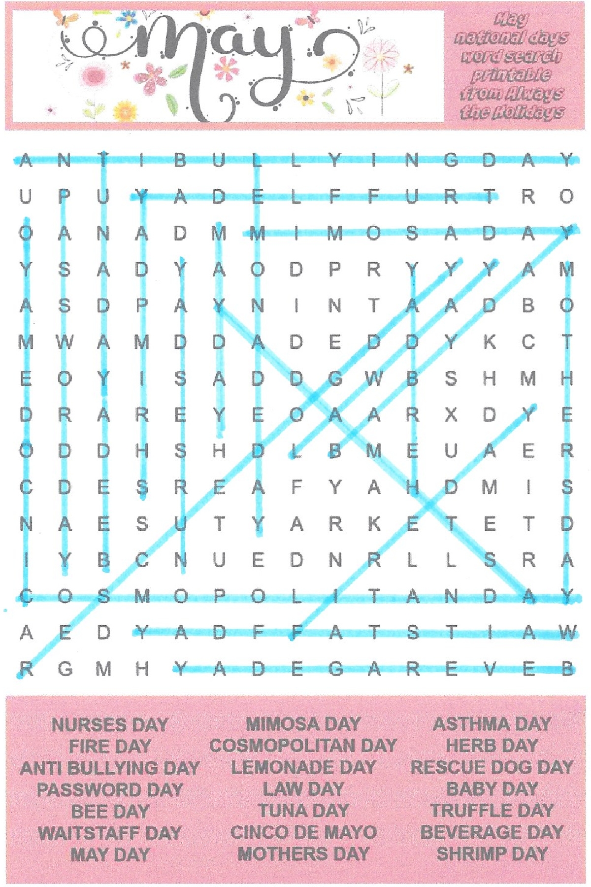 May Word Search Printable National Days Word Find Puzzle May Word Search Printable National Days Word Find Puzzle
