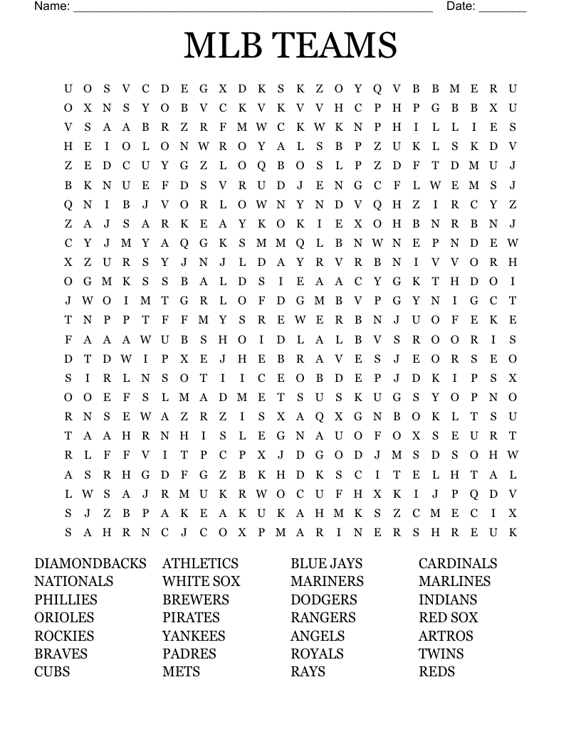 MLB TEAMS Word Search WordMint