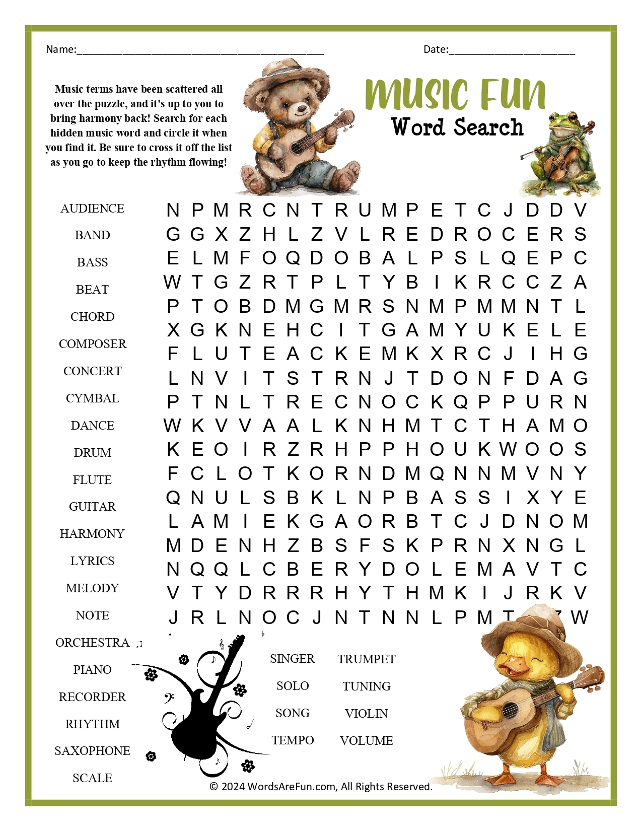 music word search answer key