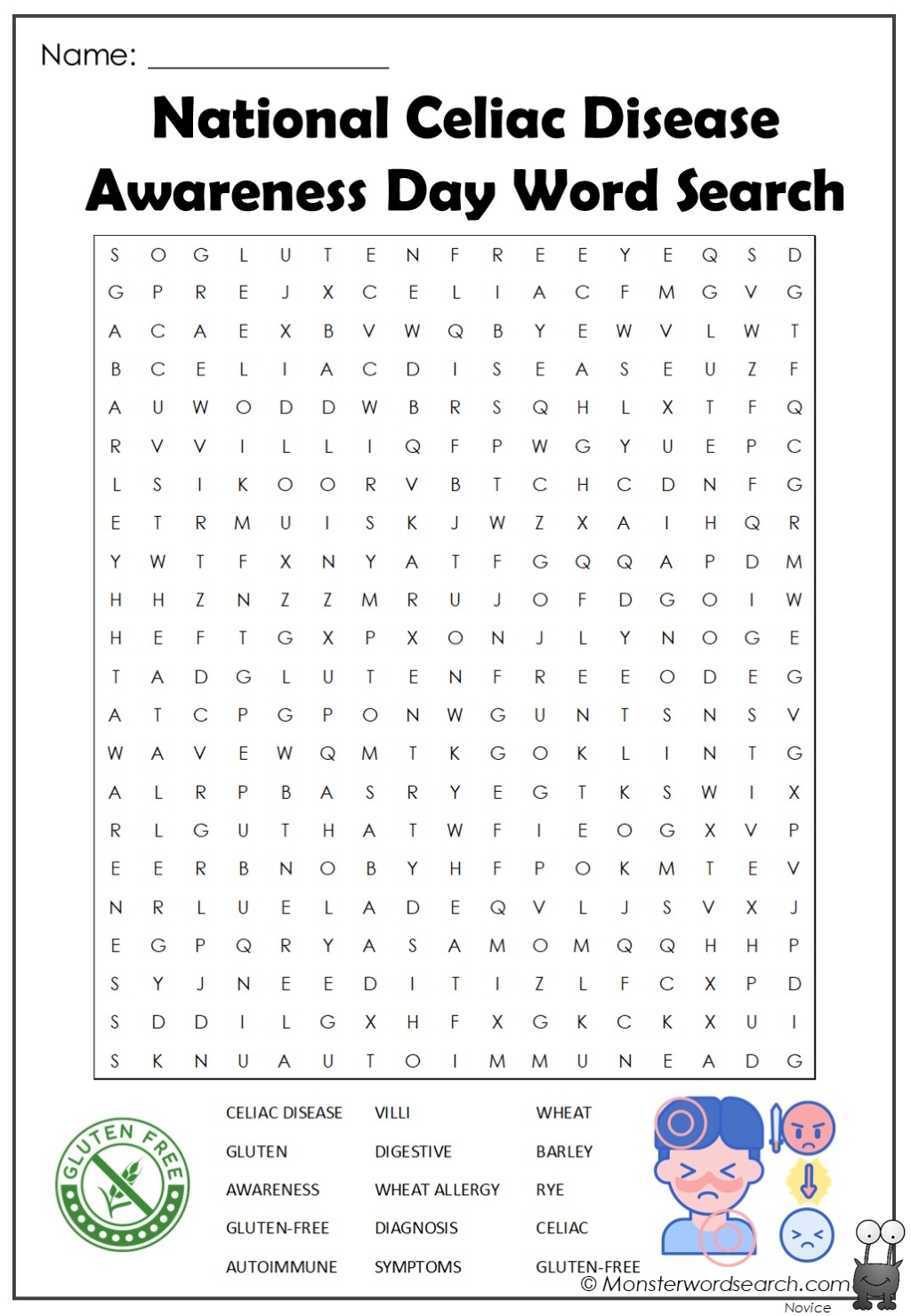 National Celiac Disease Awareness Day Word Search Monster Word Search