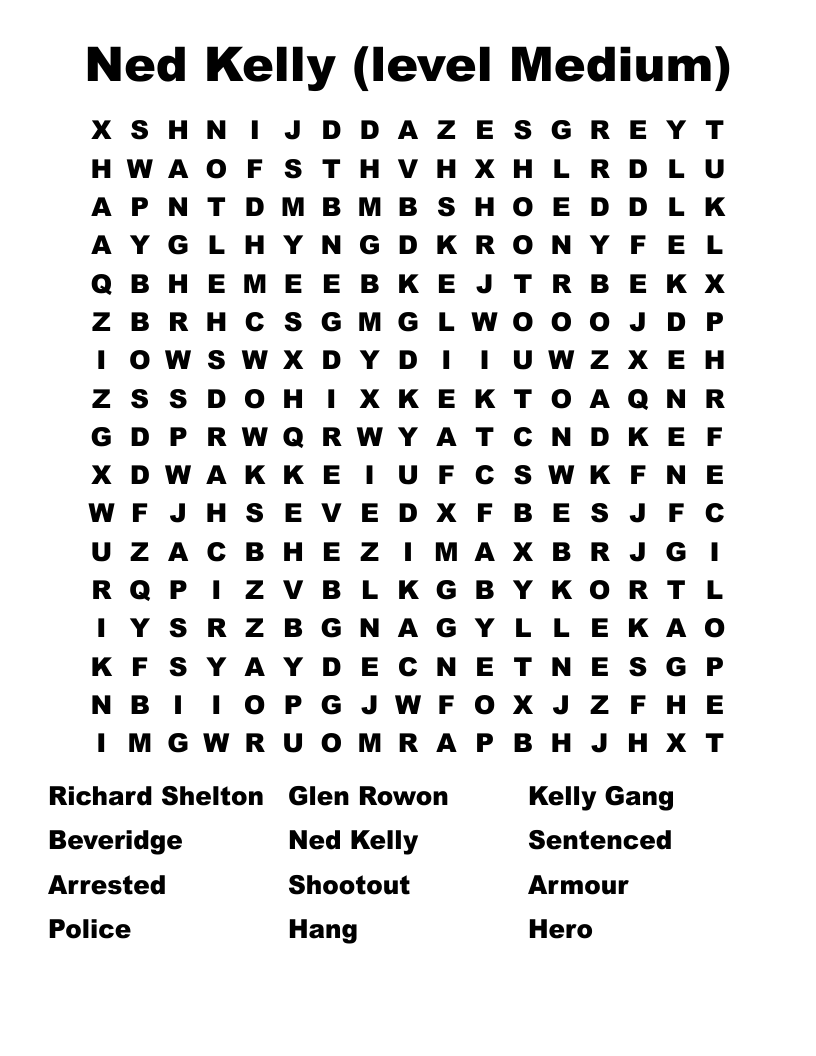 Ned Kelly level Medium Word Search WordMint