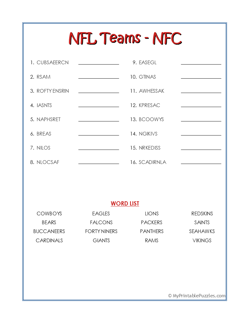 NFL Teams NFC Word Scramble My Printable Puzzles NFL Teams NFC Word Scramble My Printable Puzzles