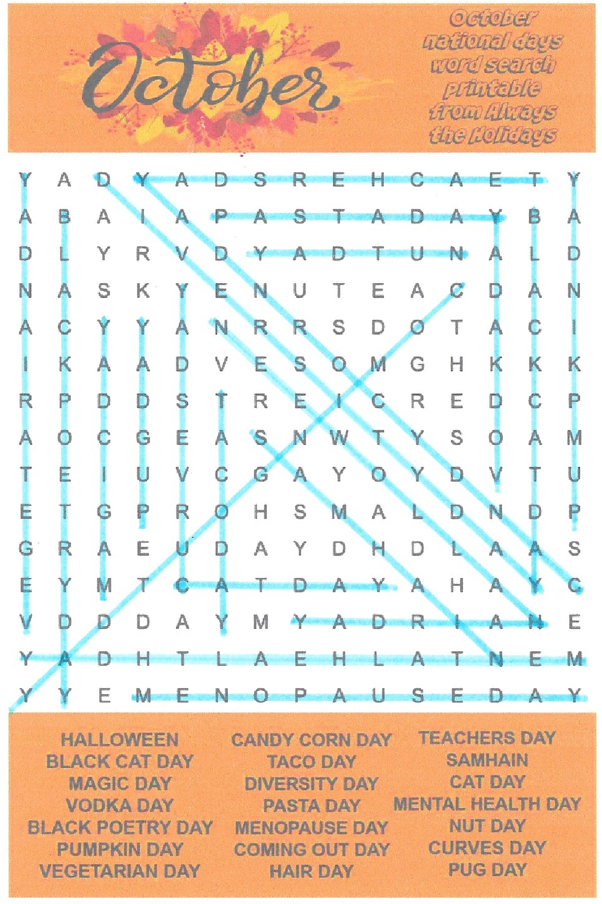 October Word Search For Adults