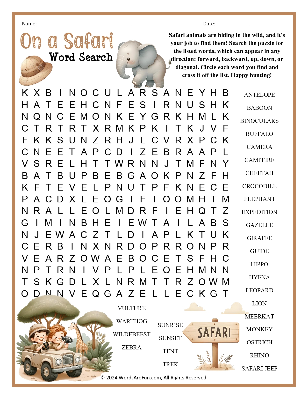 on a safari word search