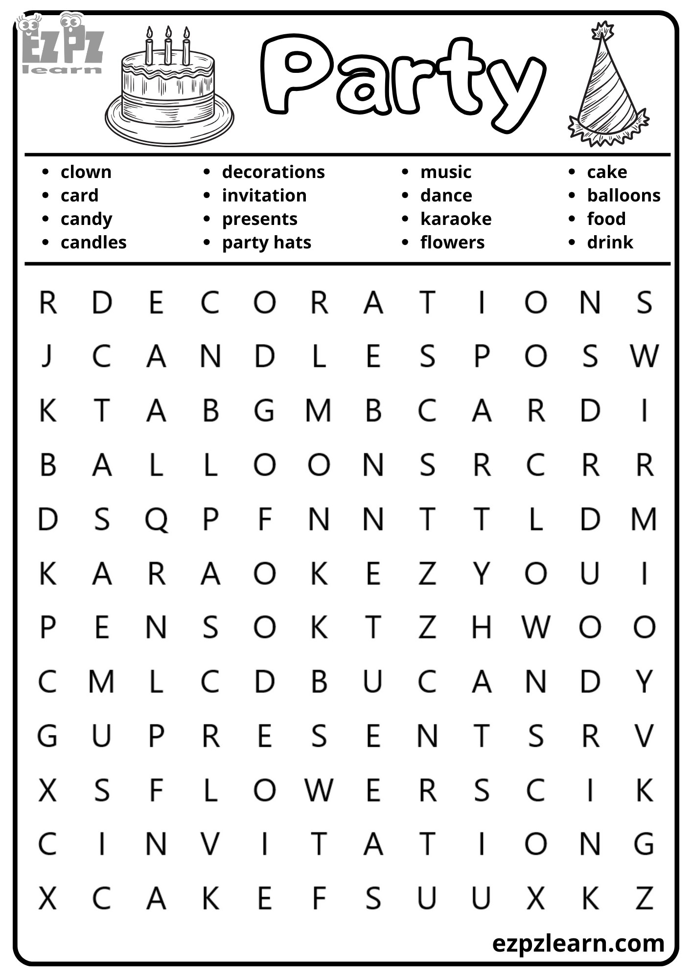 party vocabulary word search for kids and esl students free