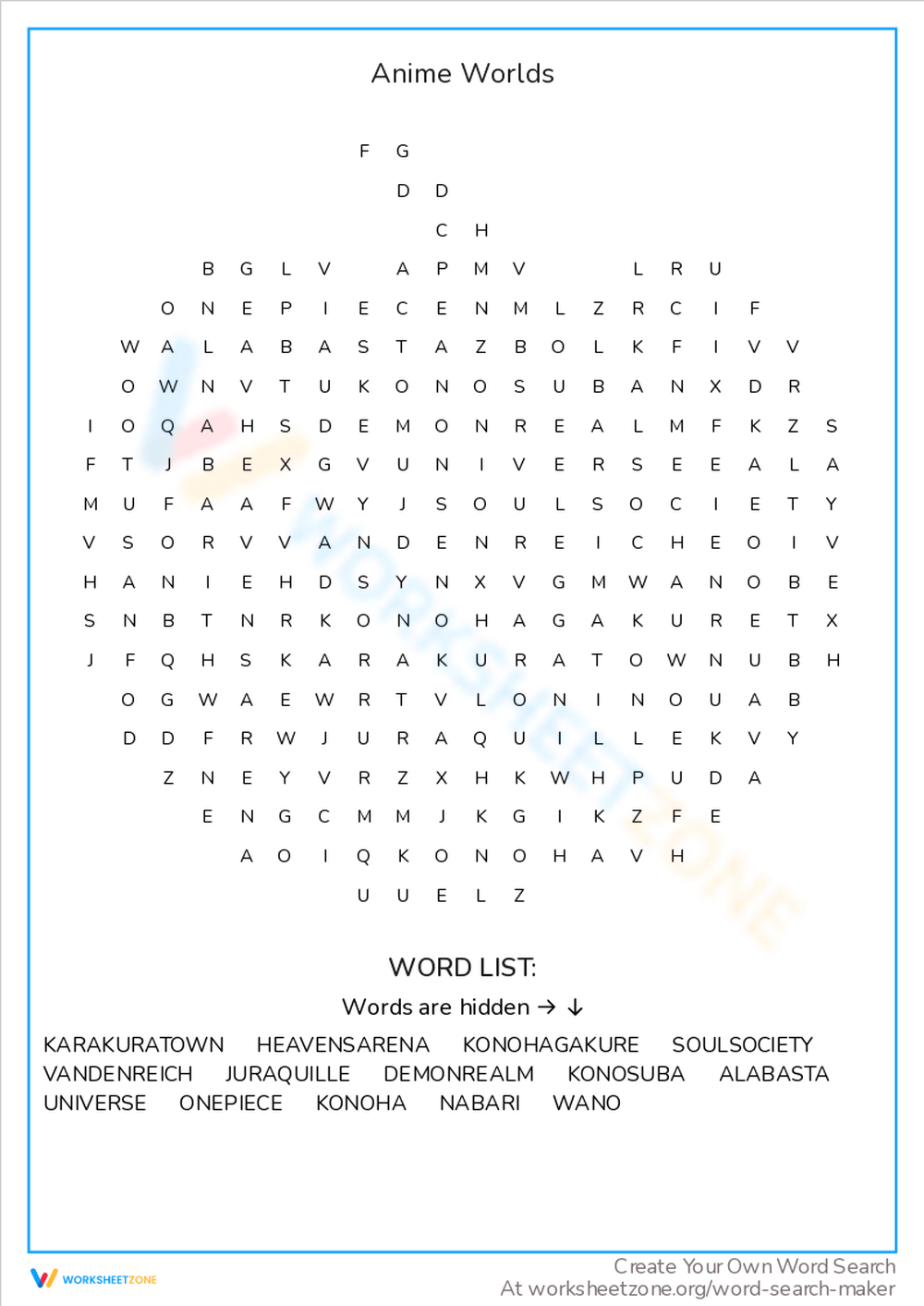 Printable Anime Word Search Worksheets Download