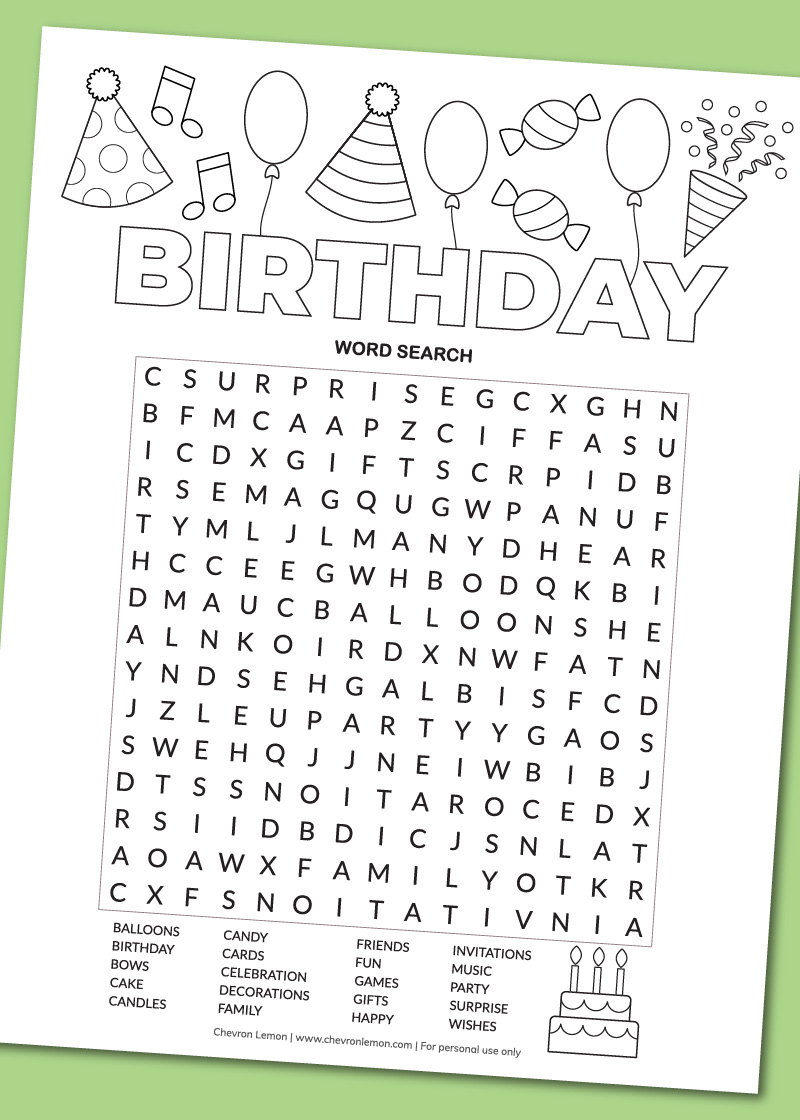 printable birthday word search chevron lemon