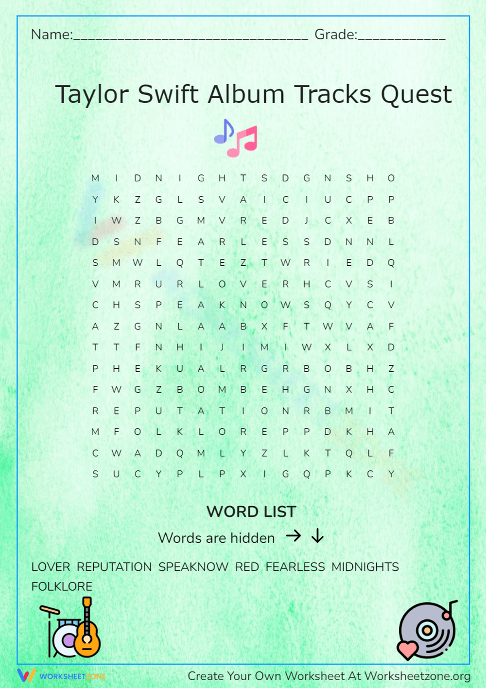 Taylor Swift Printable Lyrics Word Search