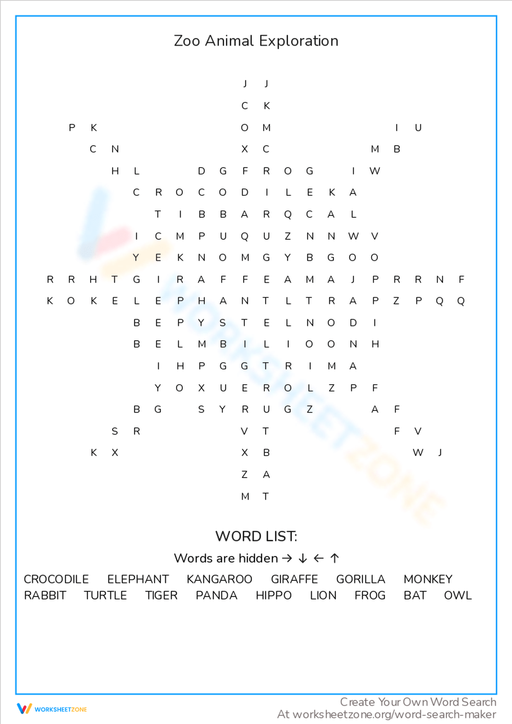 Printable Zoo Animals Word Search Worksheets Download