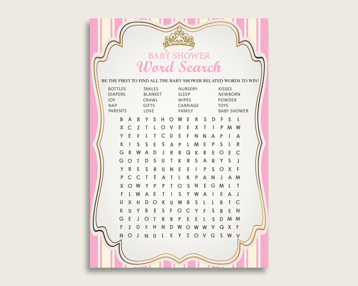 Royal Princess Word Search Game Pink Gold Baby Shower Word Search Cards Printable Girl Baby Shower Activities Hidden Words Instant Rp002 Etsy