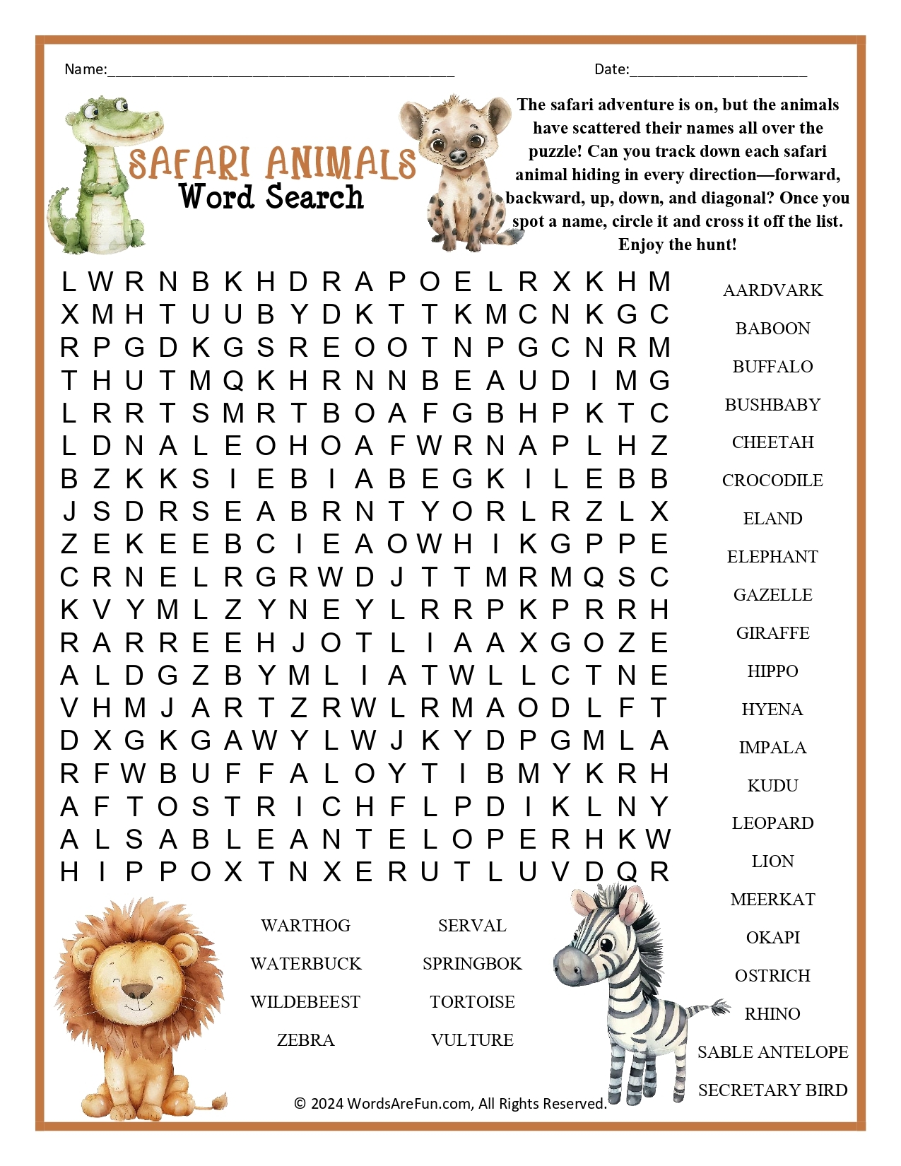 Printable Animal Word Search Puzzles
