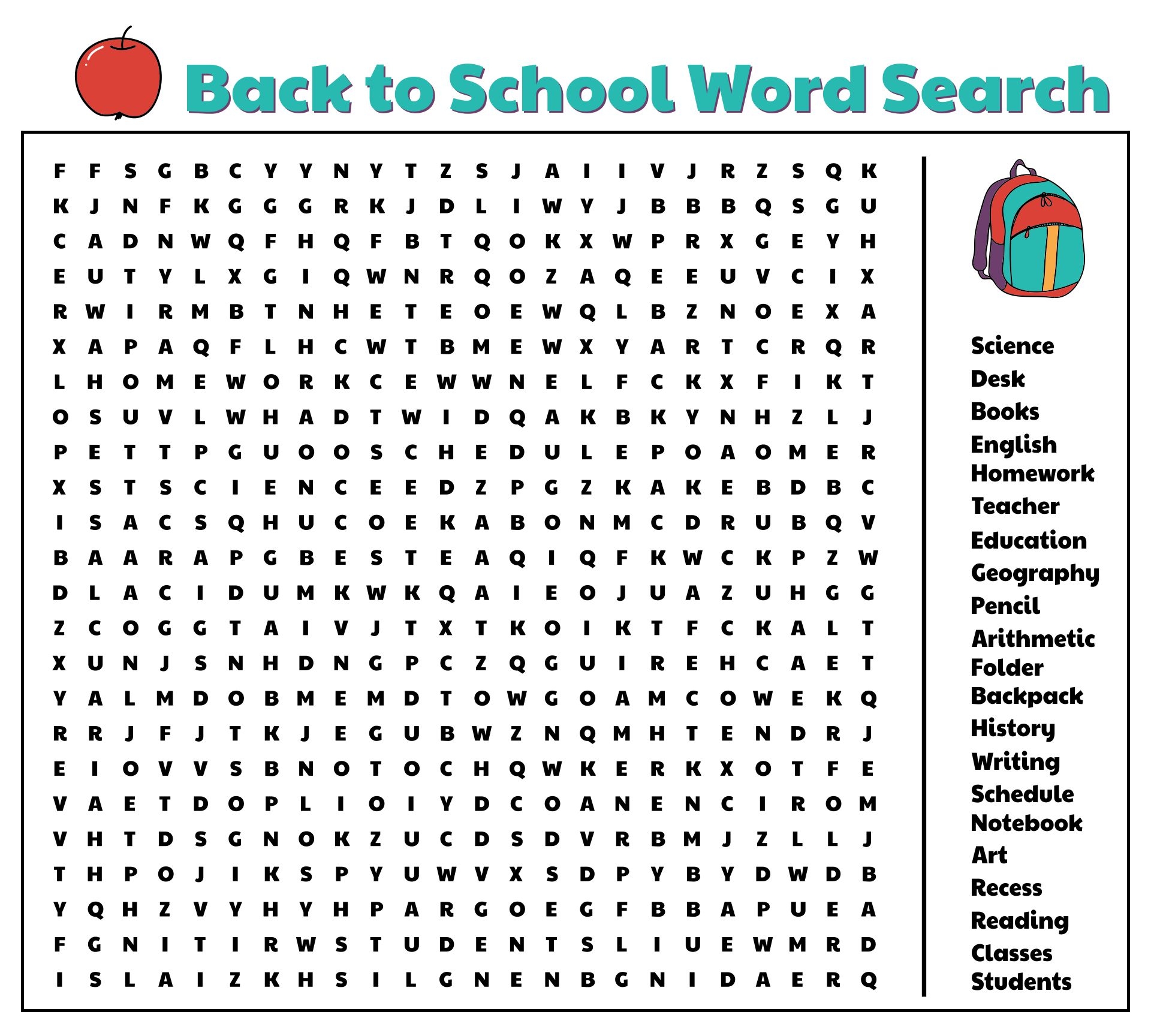 Elementary School Word Search Printable
