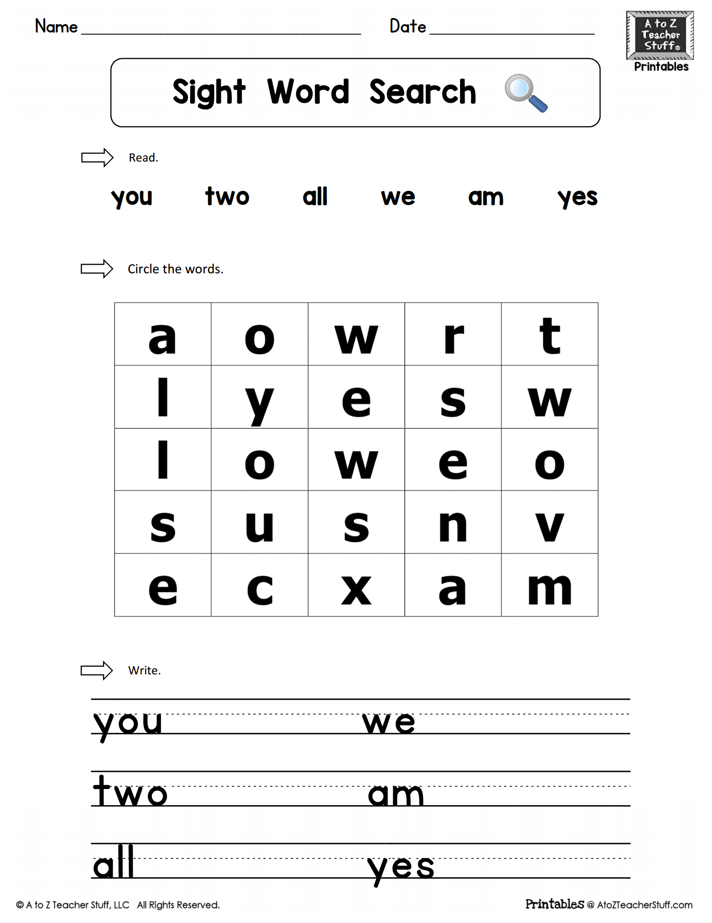 sight words practice word search you two we all am yes a to z teacher stuff printable pages and worksheets