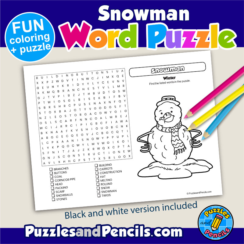 snowman word search puzzle activity page with coloring winter wordsearch made by teachers