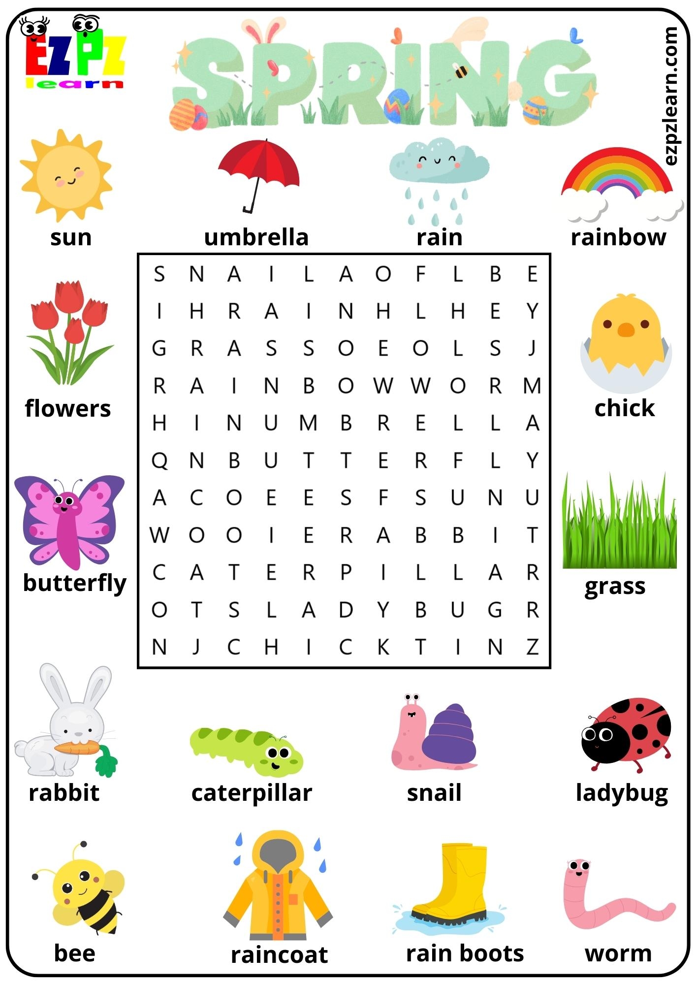 spring season vocabulary word search activity for kids and english language learners ezpzlearn