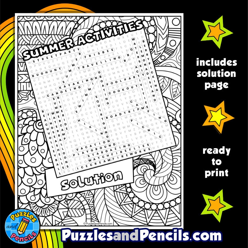 Summer Activities Word Search Puzzle With Coloring Summer Wordsearch Made By Teachers