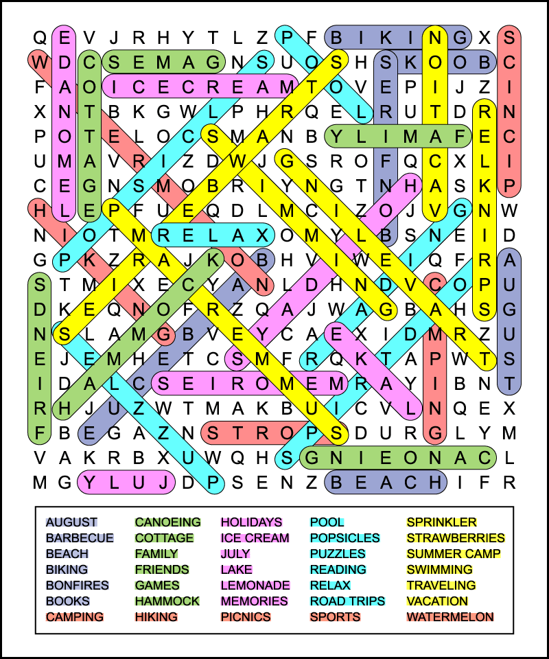 Summer Word Search Free Printable Hard