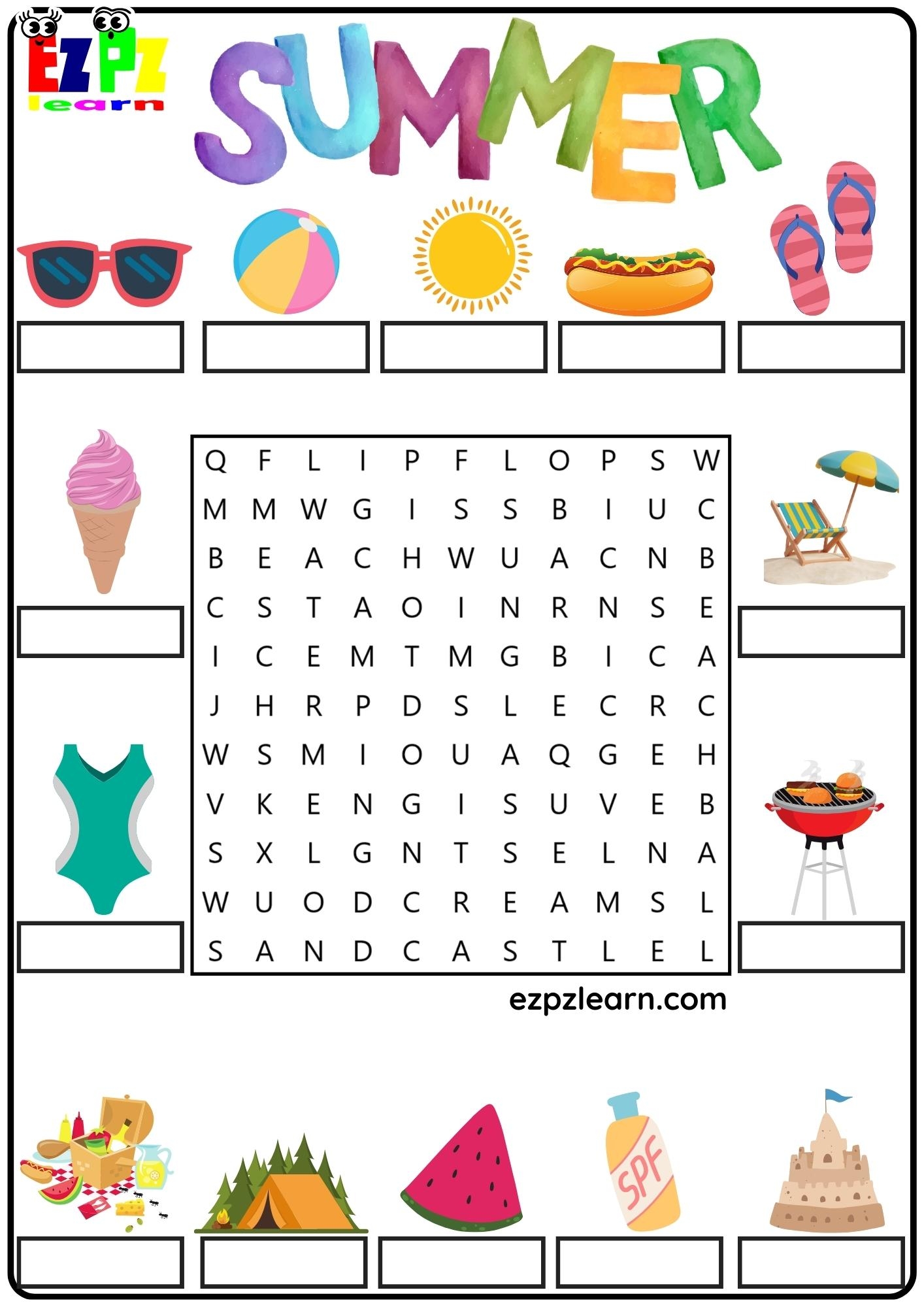 summer season vocabulary word search and write the words activity for kids and english language learners ezpzlearn