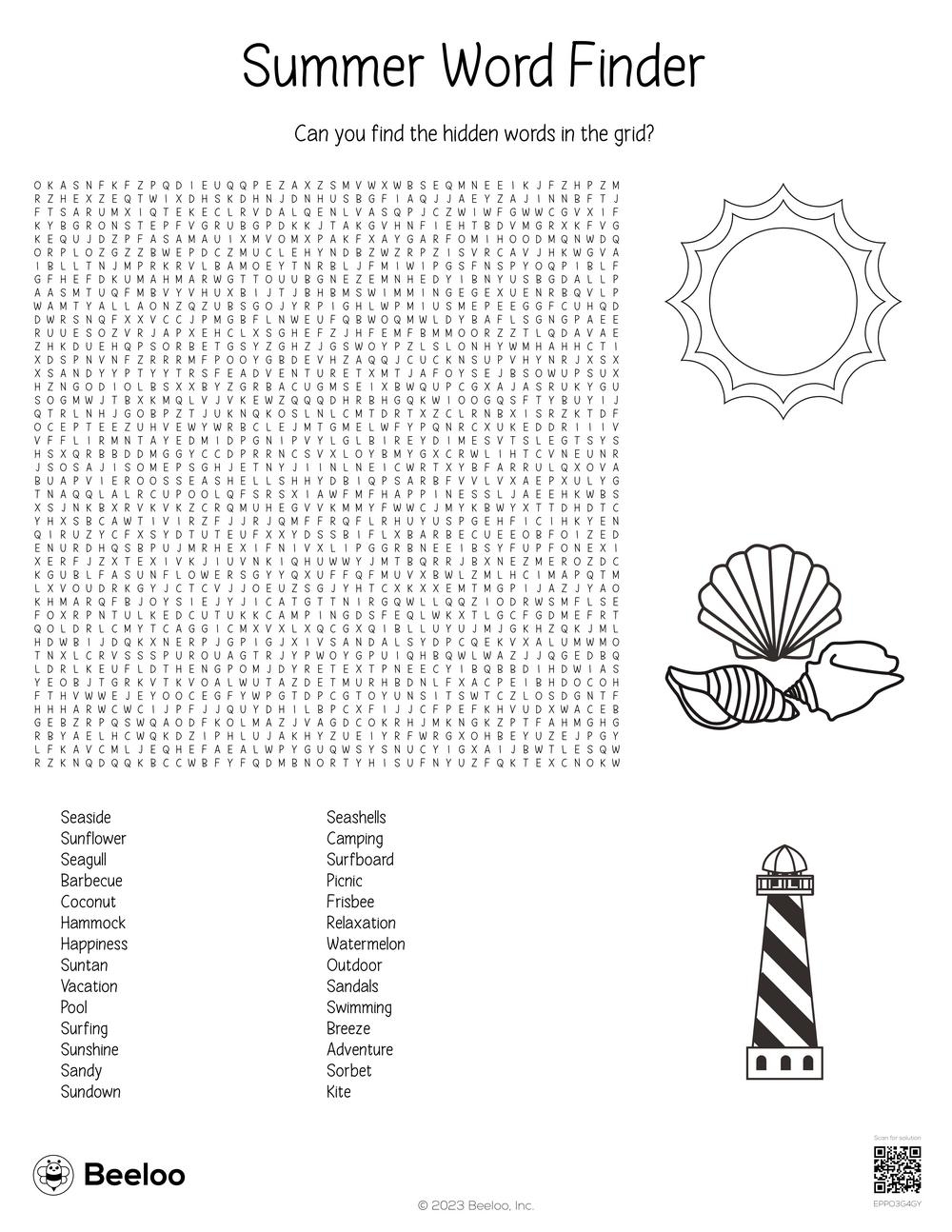 Printable Summer Word Search Intermediate
