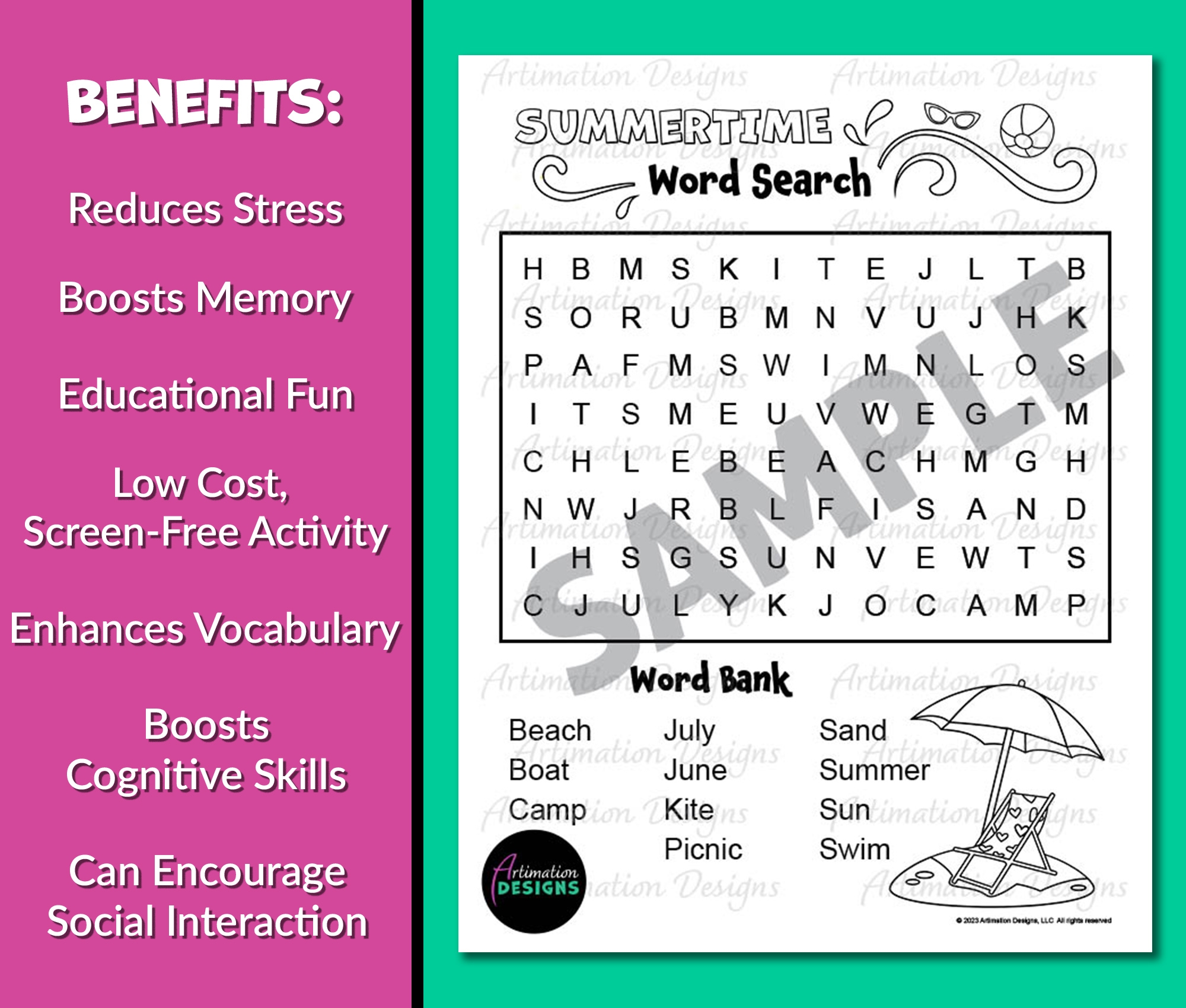 Summer Word Search Puzzle Easy Level Summertime Word Game Activity Classful