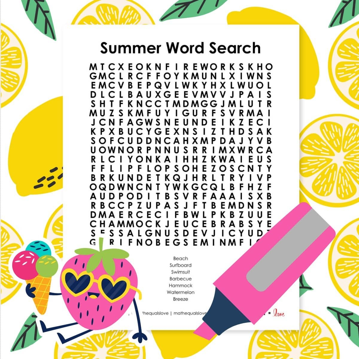summer word search puzzle math love
