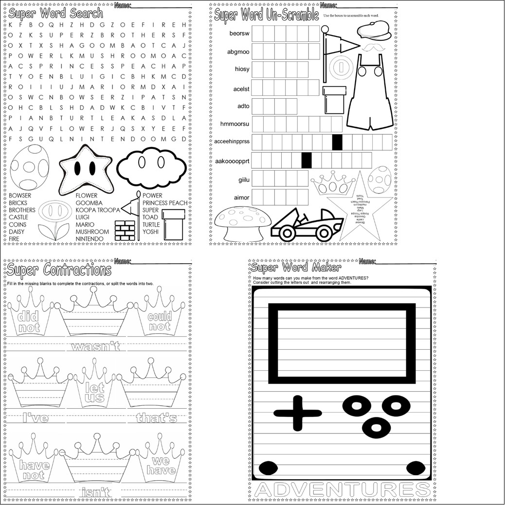 Super Word Search SPELLING Video Game Fun Worksheets Mario Gamer Made By Teachers