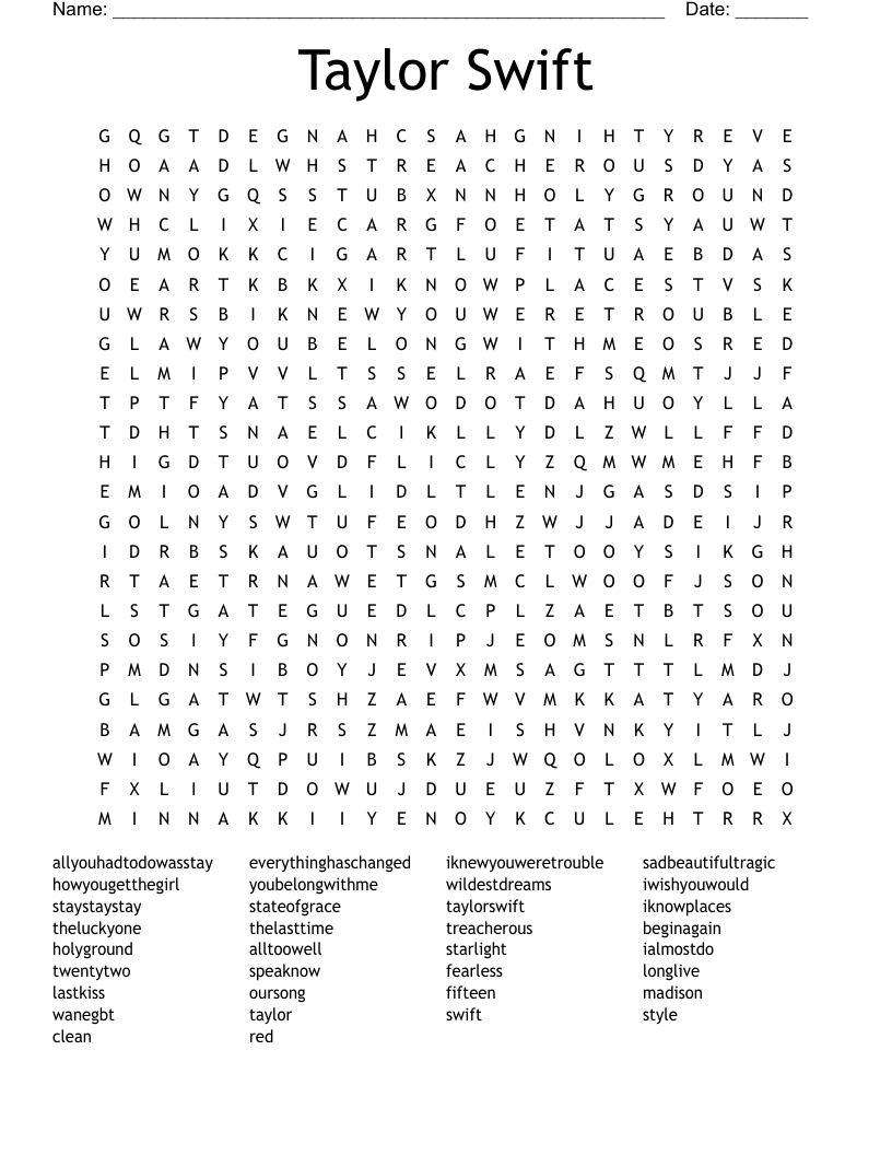 Taylor Swift Word Search WordMint