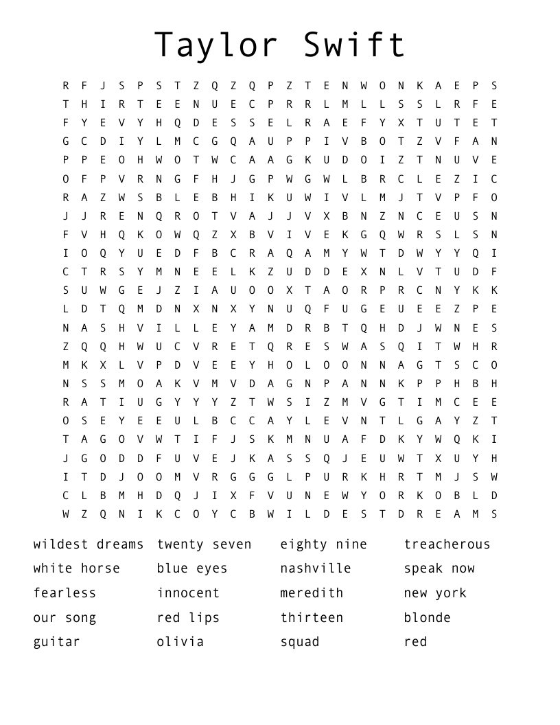 Taylor Swift Word Search WordMint