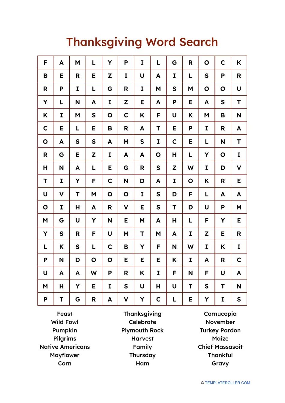 Thanksgiving Word Search With Answers Download Printable PDF Templateroller